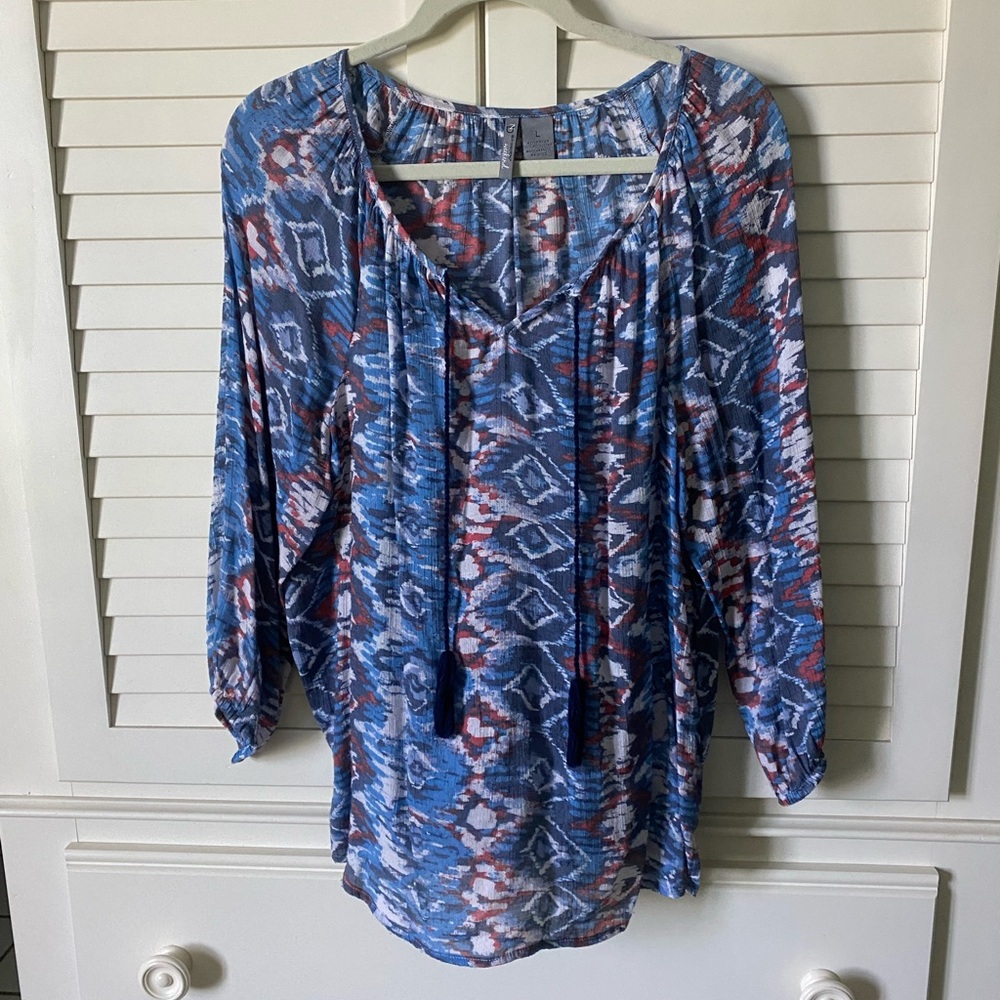 Blue Patterned V-Neck Peasant Top